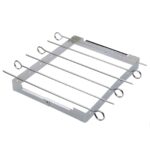 Chrome-plated steel skewer set with folding stand, ideal for barbecues.