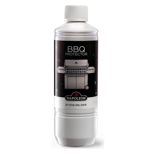 Botella de Protector para Barbacoa Napoleón, con etiqueta que muestra una barbacoa y el eslogan "Let your grill shine". Envase de 500 ml.