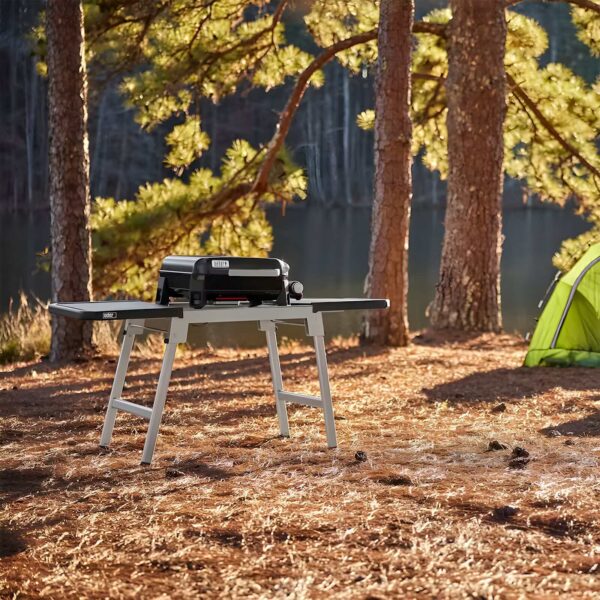 Plancha Weber SLATE GP 43 cm Premium en un entorno de camping junto a un lago, con un soporte plegable y árboles de fondo.