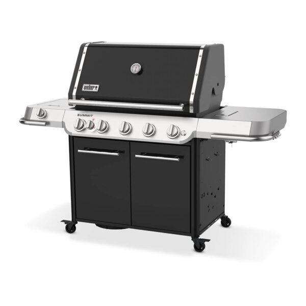 Barbacoa de gas Weber Summit FS38 E con mandos de control iluminados, quemador lateral y amplios compartimentos de almacenamiento.