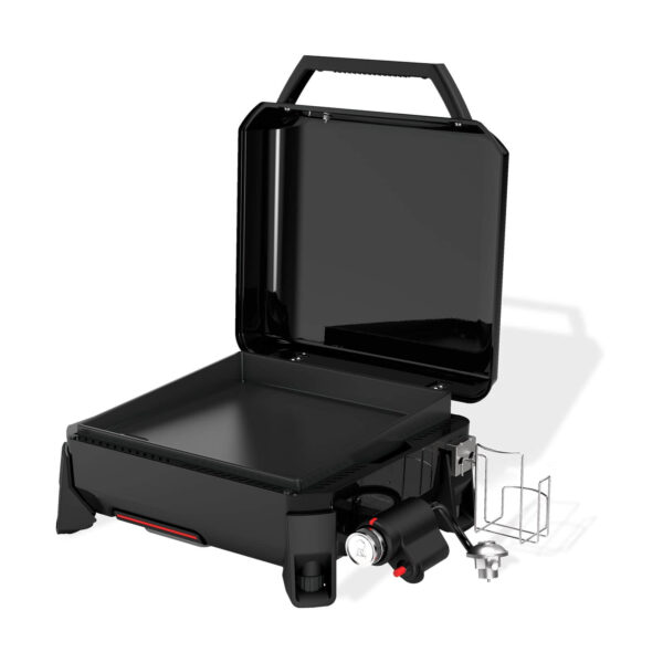 Plancha Weber SLATE GP 43 cm Premium con tapa abierta y quemador de propano visible.