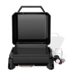 Plancha Weber SLATE GP 43 cm Premium con tapa abierta y superficie de cocción vitrificada.