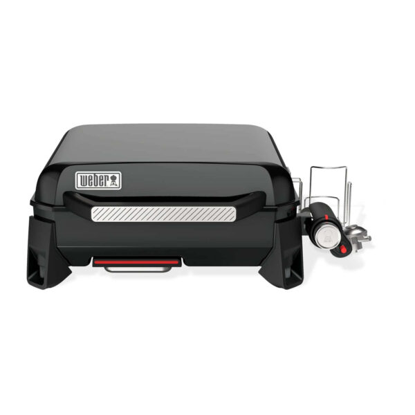 Plancha Weber SLATE GP 43 cm Premium vista frontal con patas ajustables y acceso frontal para grasa.