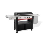 Plancha Weber SLATE GPSB 76 cm Premium con tapa cerrada, diseño moderno, quemador lateral y almacenamiento inferior integrado.
