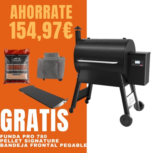 "Oferta especial en barbacoa de pellets Traeger con un ahorro de 154,97€, incluye funda Pro 780 y bandeja frontal plegable sin costo adicional."