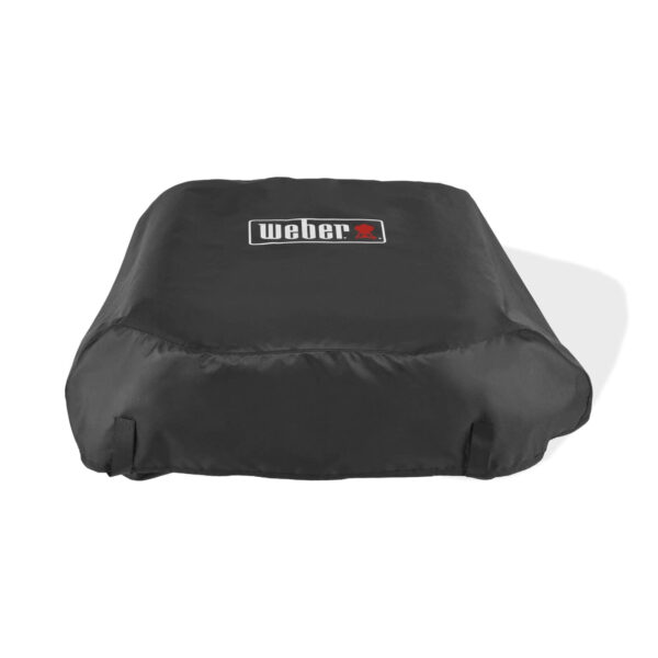 Funda negra impermeable Weber® para plancha SLATE GP 43 cm, con logotipo frontal, diseñada para proteger contra la intemperie y los rayos UV.