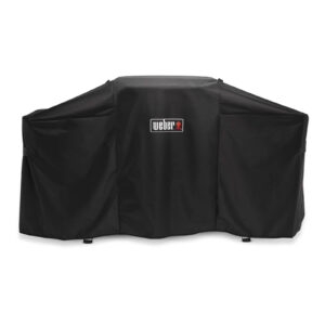 Funda protectora negra para plancha Weber SLATE GP, vista frontal que muestra el logotipo de Weber y las correas de fijación laterales.