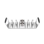 Soporte Taco Rack Weber de acero inoxidable, con capacidad para seis tacos, dos cubiletes para salsas y mangos de silicona para transporte seguro.