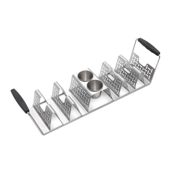 Soporte Taco Rack Weber fabricado en acero inoxidable, con capacidad para seis tacos, dos recipientes para salsas y mangos de silicona ergonómicos para fácil transporte.