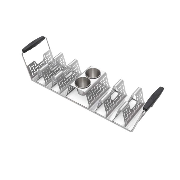 Soporte Taco Rack Weber de acero inoxidable con diseño ergonómico, capacidad para seis tacos, dos cubiletes para salsas y mangos de silicona antideslizantes.