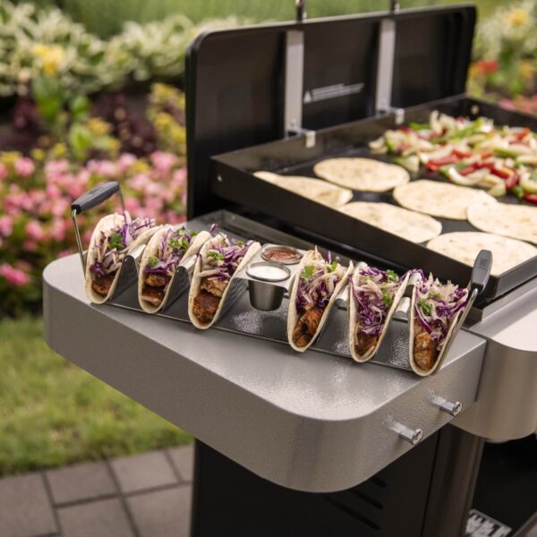 Soporte Taco Rack Weber con seis tacos rellenos de carne y vegetales, acompañado de salsa en sus recipientes, colocado junto a una parrilla en un entorno al aire libre.