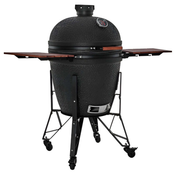 Kamado Urban XL Complete de cerámica negra con termómetro integrado, mesas plegables de bambú y soporte con ruedas.