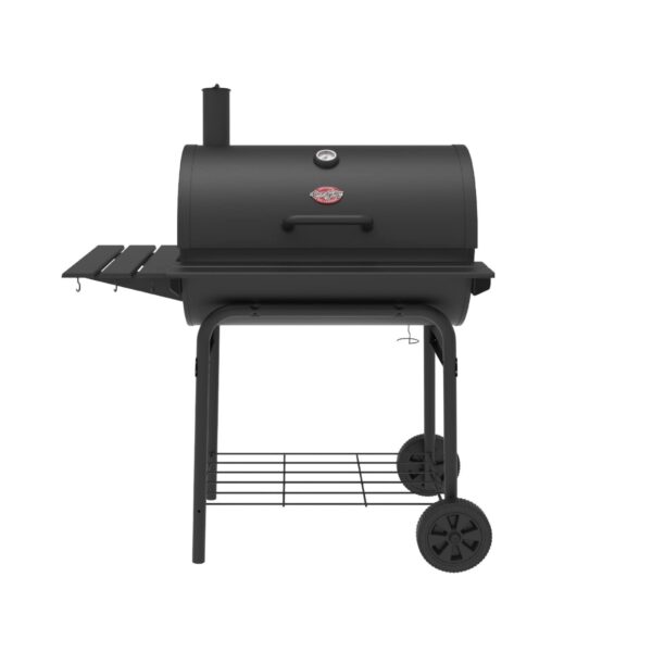 Barbacoa de carbón CharGriller Pro Deluxe con diseño robusto, ruedas para fácil movilidad y estante lateral para preparar alimentos.