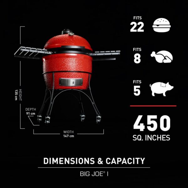 Dimensiones y capacidad de la parrilla Kamado Joe Big Joe I con detalles sobre su tamaño y capacidad de cocción.