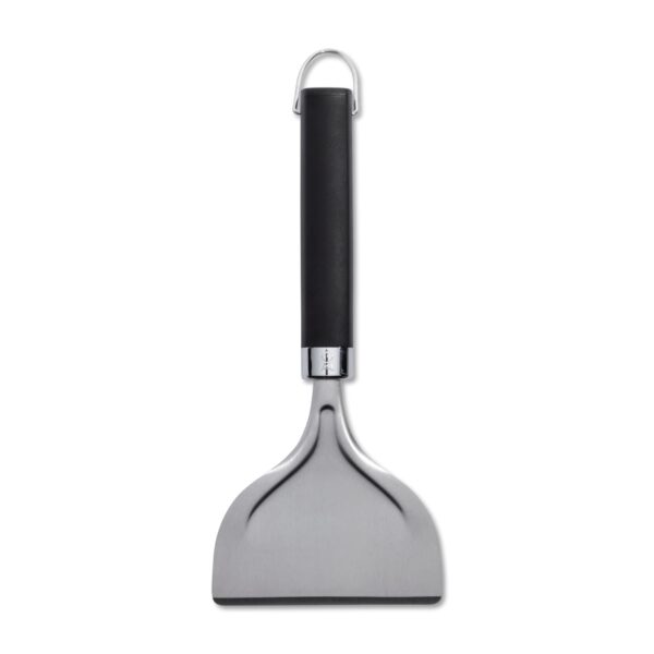Rascador Weber para planchas, con hoja de acero inoxidable y mango negro ergonómico con gancho para colgar.