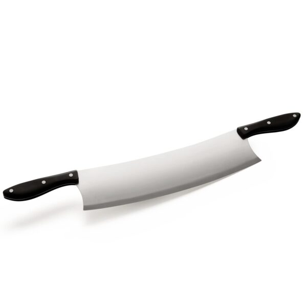 Cuchillo Curvo Para Pizzas Napoleon aislado en fondo blanco, mostrando su hoja brillante y mangos ergonómicos.