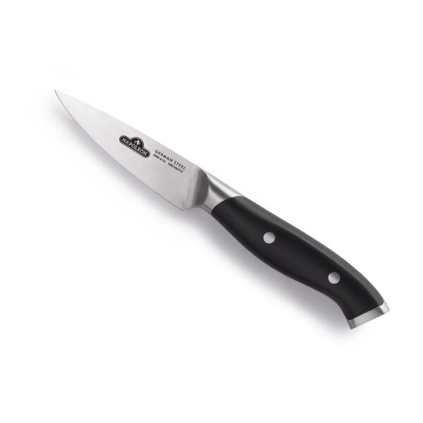 Cuchillo para pelar con hoja de acero inoxidable alemán y mango ergonómico negro con doble remache, perfecto para una cocina moderna.