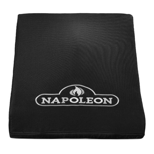 Funda negra con textura para quemador lateral de Napoleon, con el logo de la marca en el centro.