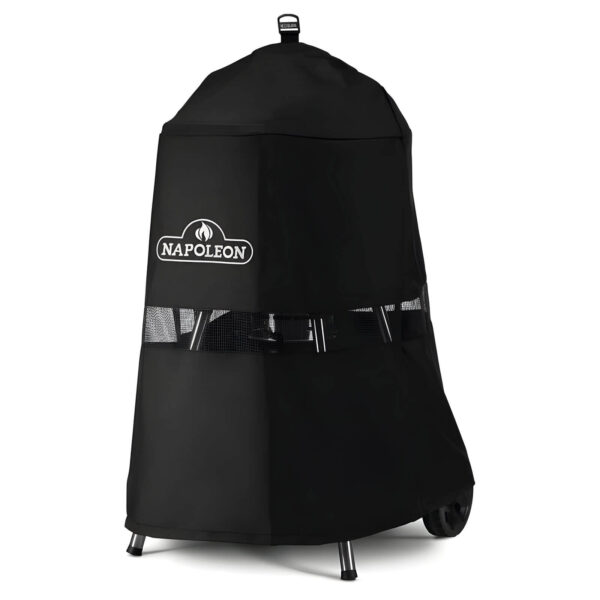 Vista lateral de la funda protectora negra Napoleon para barbacoa kettle de carbón, mostrando las correas de sujeción y la malla de ventilación.