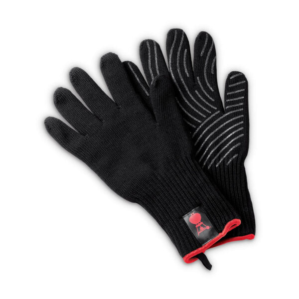 Par de Guantes Premium Weber negros con palma de silicona antideslizante y logotipo rojo.