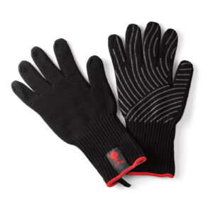 Par de Guantes Premium Weber negros con detalles rojos y palma de silicona antideslizante.