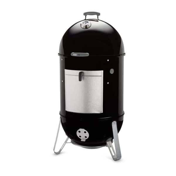 Ahumador Weber Smokey Mountain Cooker de 57 cm con diseño robusto, termómetro integrado y cuerpo negro.