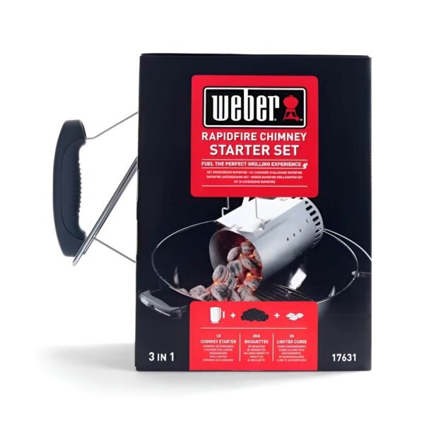 Kit de Encendido Rapidfire de Weber en su caja, mostrando la chimenea de encendido, briquetas de carbón y pastillas de encendido.