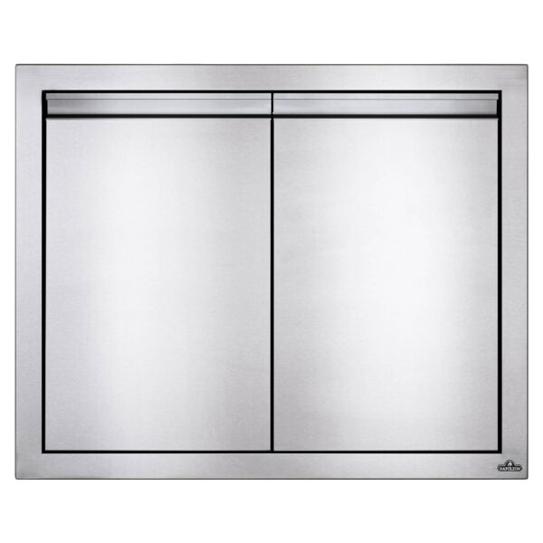 Puerta doble empotrada Napoleon de acero inoxidable, 85x71 cm, con cierre suave y tiradores de aluminio anodizado.