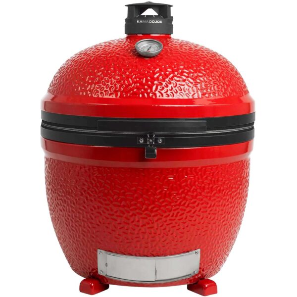 Kamado Big Joe II Stand-Alone, una parrilla kamado de cerámica roja con ducto superior Kontrol Tower™ y termómetro incorporado.