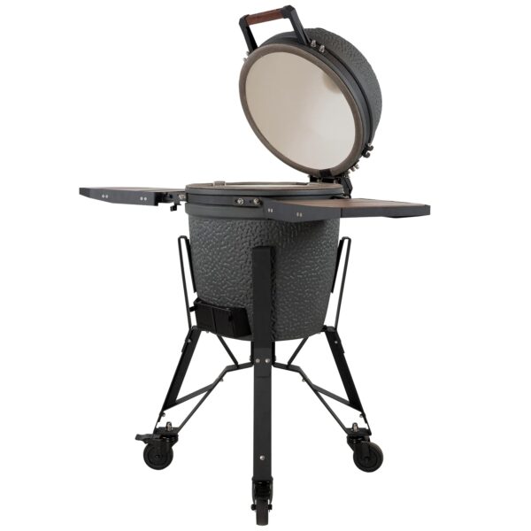 Vista lateral del Kamado VX Medium con la tapa abierta y mesas auxiliares desplegadas.