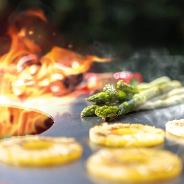 Vegetales asándose en una barbacoa Bonfire, con llamas vivas en el fondo, destacando la cocción con fuego de leña.