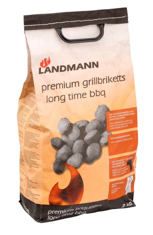 Paquete de Briquetas Premium Landmann de 3 kg con asa, etiquetado con 'long time bbq' y certificación de sostenibilidad, ideal para barbacoas de larga duración