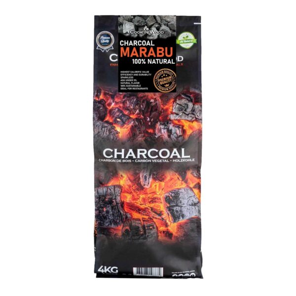 Bolsa de Carbón Marabú 100% natural de 4 kg con diseño que muestra brasas encendidas.