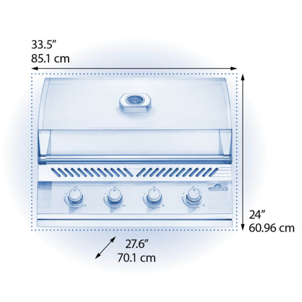 Diagrama técnico con dimensiones de la barbacoa Napoleon Serie 500 32, mostrando altura, ancho y profundidad.