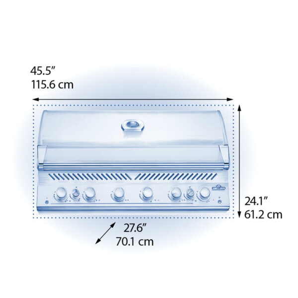 Dimensiones de la Barbacoa de Gas Serie 700 44 RB de Napoleon, con medidas en centímetros y pulgadas.