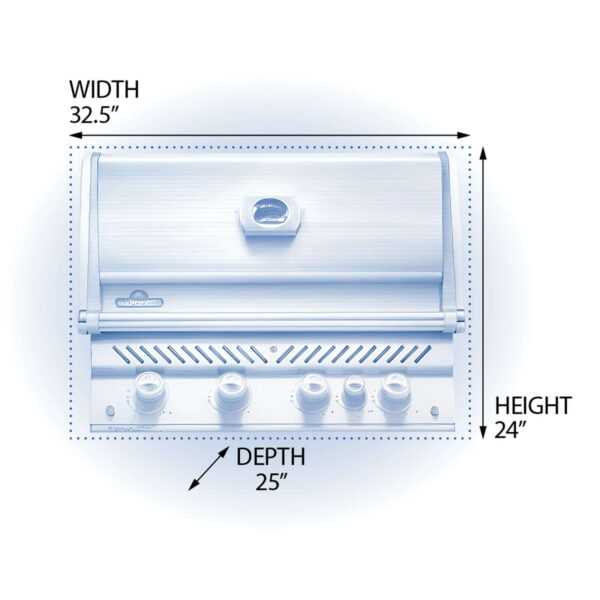 Diagrama de dimensiones de la barbacoa Napoleon Prestige Pro 500 RB mostrando ancho, altura y profundidad.