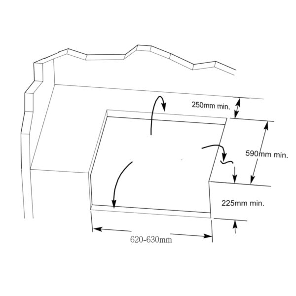 Esquema del hueco de instalación para la barbacoa de gas Premium G4, indicando dimensiones mínimas de 590 mm de profundidad, 225 mm de altura y un ancho de 620-630 mm.