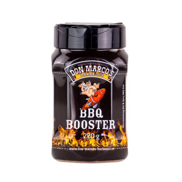 Mezcla BBQ Booster en su envase, ideal para intensificar el sabor picante y ahumado de carnes, verduras y salsas.