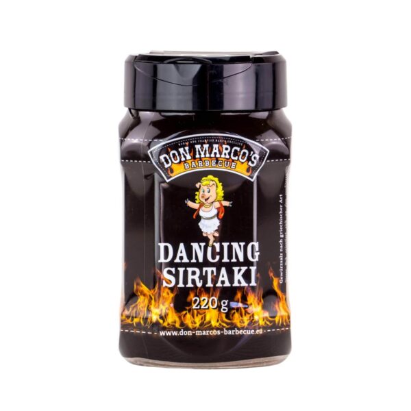 Mezcla de especias Dancing Sirtaki 220 g en lata cuadrada, ideal para cocina mediterránea y parrillas, inspirada en los sabores griegos.