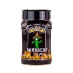 Envase cuadrado de la Mezcla de Especias Sombrero 220 g, con diseño elegante y práctico, ideal para barbacoas y cocina mexicana.