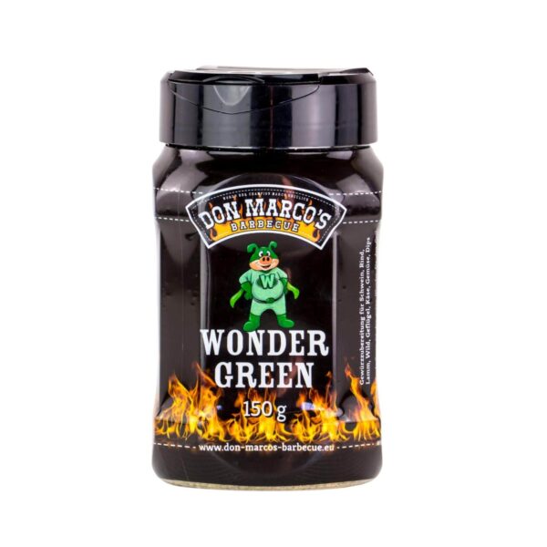 Envase de 150 g del rub Wonder Green de Don Marco's Barbecue, diseñado para realzar sabores con una mezcla de hierbas frescas y especias, sobre un fondo blanco.