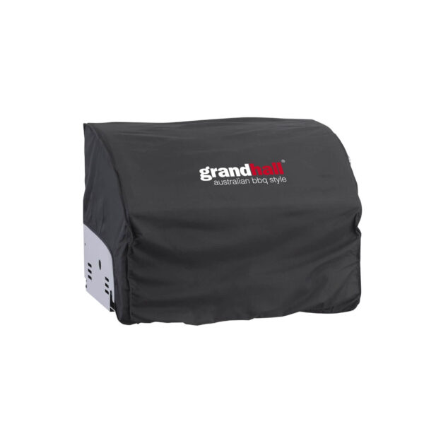 Cubierta protectora para barbacoa G3 de Grandhall, resistente a UV e intemperie, en negro con logo, medidas 70 x 50 x 67 cm