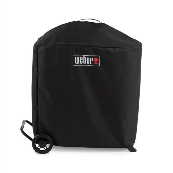 Funda negra resistente para barbacoa Weber Traveler Compact con carrito.