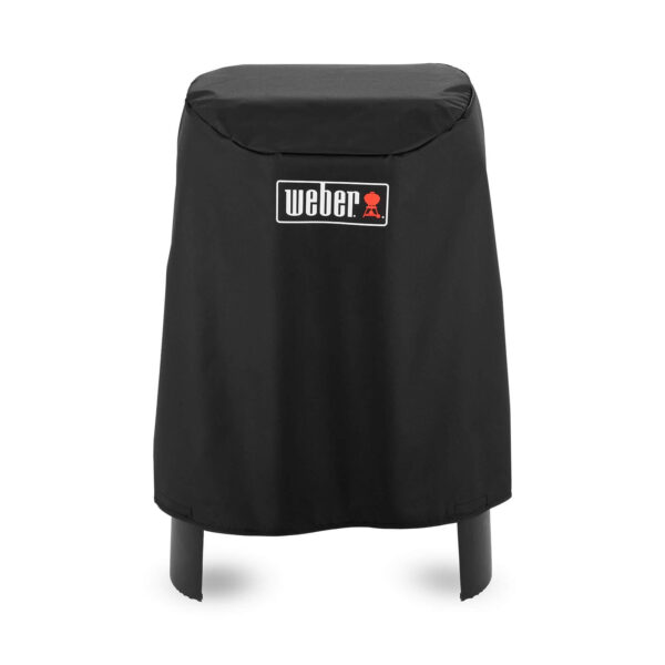 Funda protectora negra marca Weber para barbacoa eléctrica, con el logo visible en el frente.