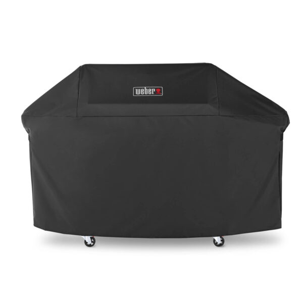 Funda negra para barbacoa Weber Genesis 400, con logotipo de Weber en la parte superior.