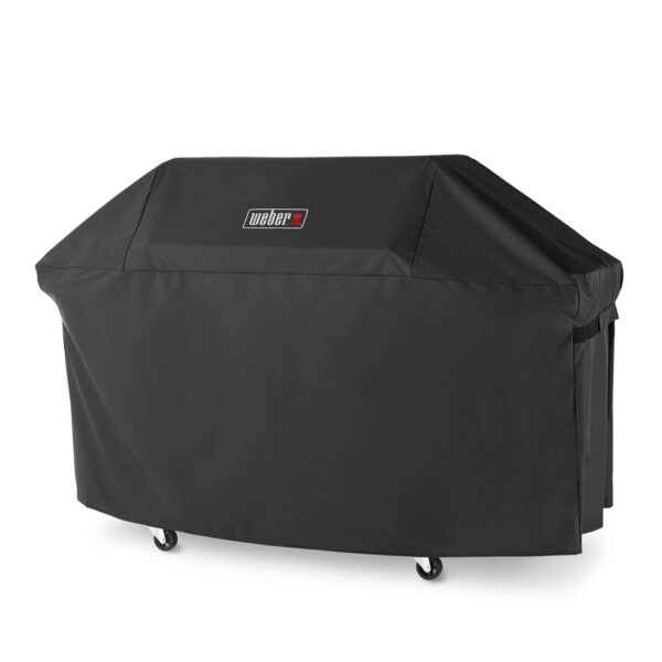 Funda negra para barbacoa Weber Genesis 400, con logotipo de Weber y correas de sujeción laterales.