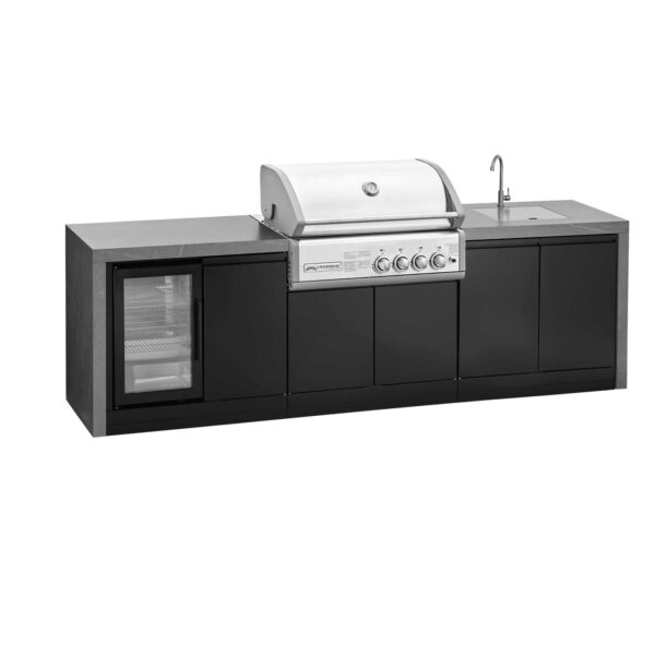 Completa cocina exterior modular "Grandpro 284 WF Series" con barbacoa Crossray 4 y tapa abierta, destacando la amplitud y calidad de los materiales.