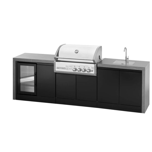 Cocina modular de exterior "Grandpro 284 WF Series" con la tapa de la barbacoa Crossray 4 parcialmente cerrada, resaltando su diseño compacto y moderno.