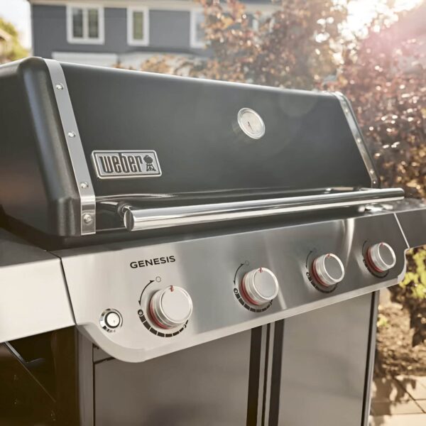 Primer plano de los controles y el termómetro en la tapa de la barbacoa Weber Genesis E-415