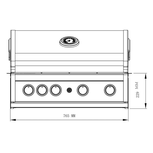 Diagrama de vista frontal de la barbacoa Pro Elite mostrando las medidas de ancho y altura para la instalación.